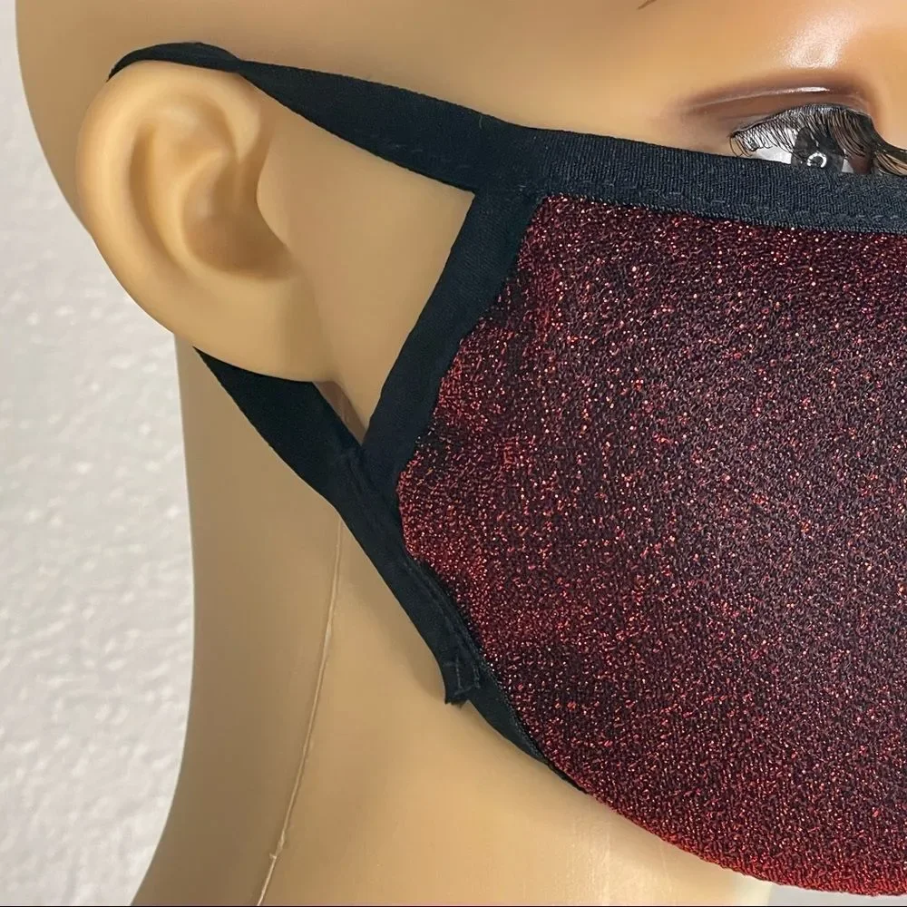 NWOT Shimmery Red Mask With Black Lining And Ear Straps